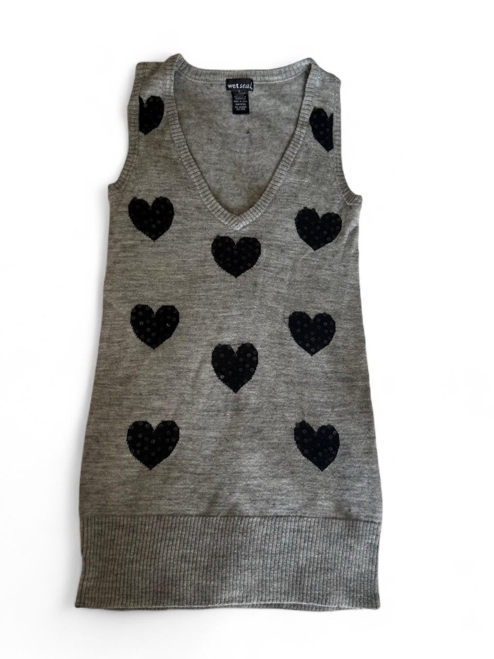 Y2K Wet Seal Gray Wool Sweater Vest Black Hearts Womenβs Size S Emo Grunge
